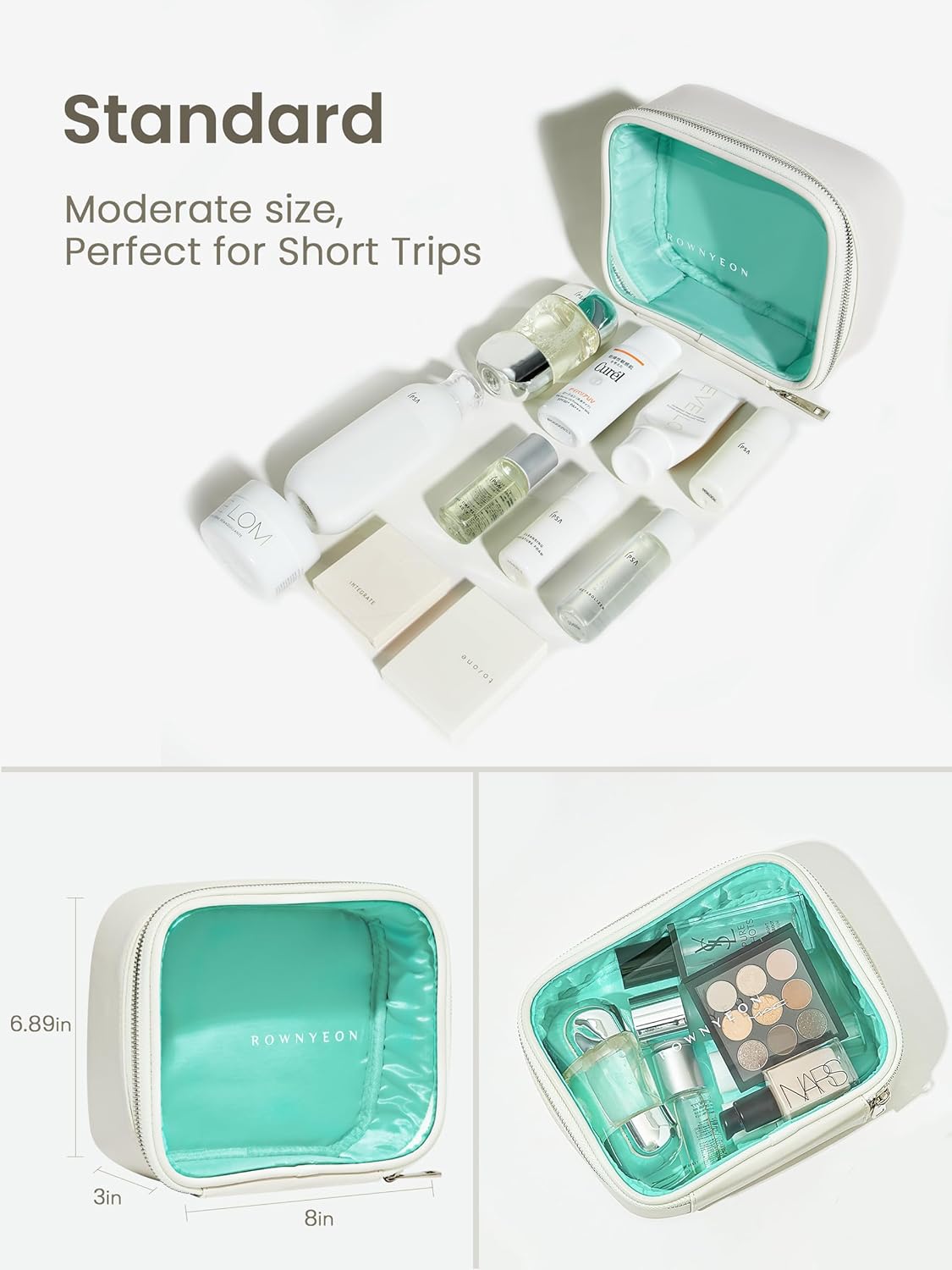 ROWNYEON 3-Piece Premium Cosmetic Organizer Set - Clear PVC & Faux Leather Storage Bags with Jewel-Tone Blue Lining, Waterproof Travel Toiletry Cases for Home/Carry-On (Jumbo/Medium/Mini)