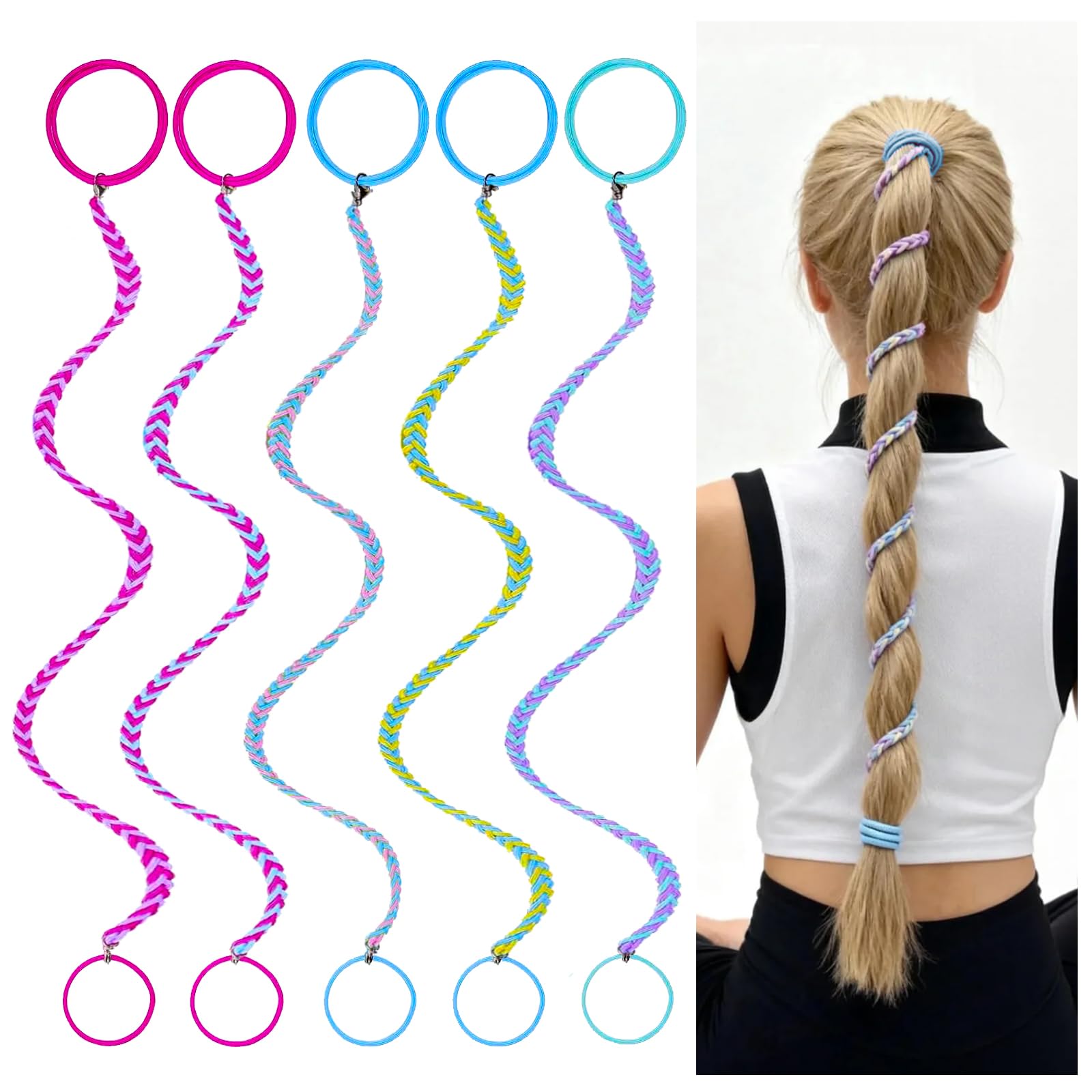 5Pcs Rip Hair Tie Colorful Elastic Soft Beach Hair Wrap Strings for Women & Girls,Tangle Free Ponytail Wrap Around Hairs Tie Ideal for Surfing, Running, Exercising(25 In) rose purple&rose blue &pink blue&yellow purple &purple green