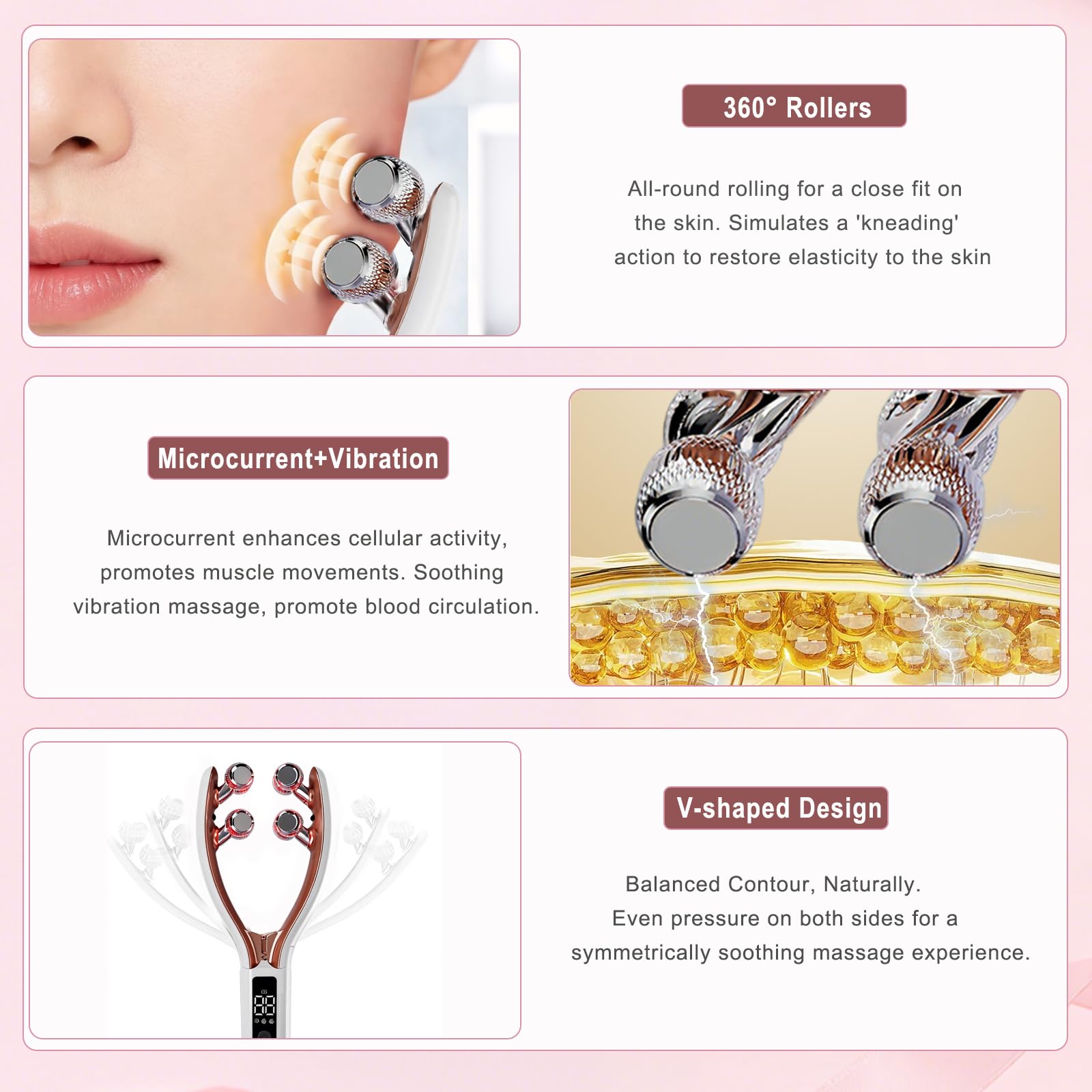 CXGRISE Wireless Facial Massager, 3D Roller Electric Facial Roller, Rechargeable V-Shape Sculpting & Puffiness Relief Tool, Face Roller Lymphatic Drainage for Home & Travel Use (Roller)