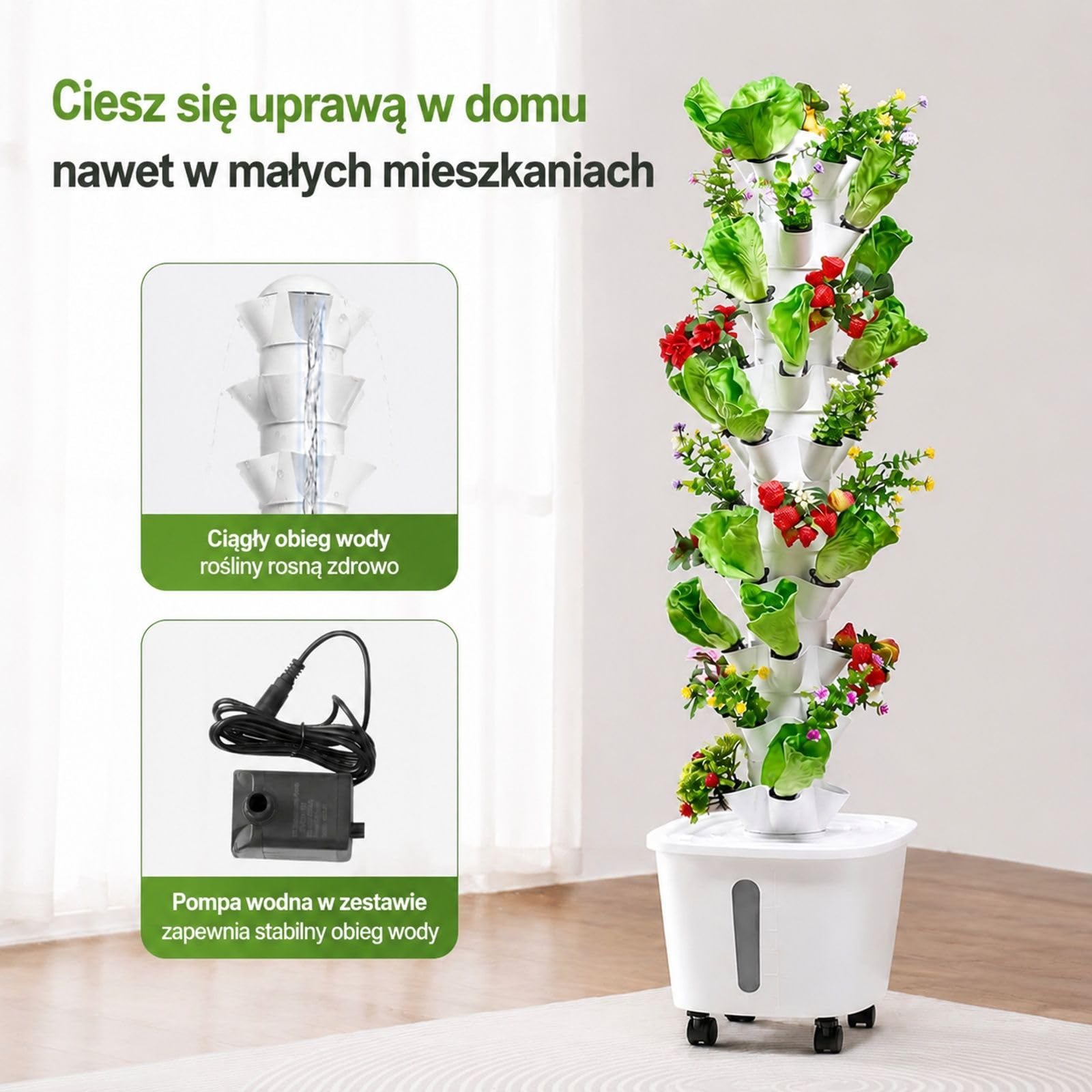 Pionowy system hydroponiczny z 50 miejscami do sadzenia, 10 poziomami, zbiornikiem na wodę 20 l, pompą wodną i kółkami, do ziół, owoców i warzyw w pomieszczeniach
