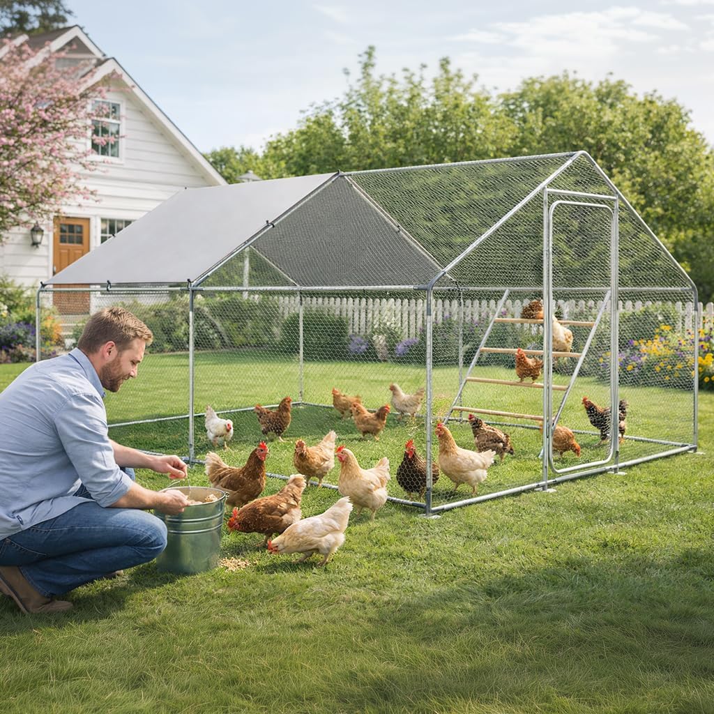 COMHOMA 13×10×6.6FT Large Metal Chicken Coop with Roosting Perch,Walk-in Chicken Run with Waterproof Roof & Lockable Door,Outdoor Poultry Cage for Hens,Ducks,Rabbits