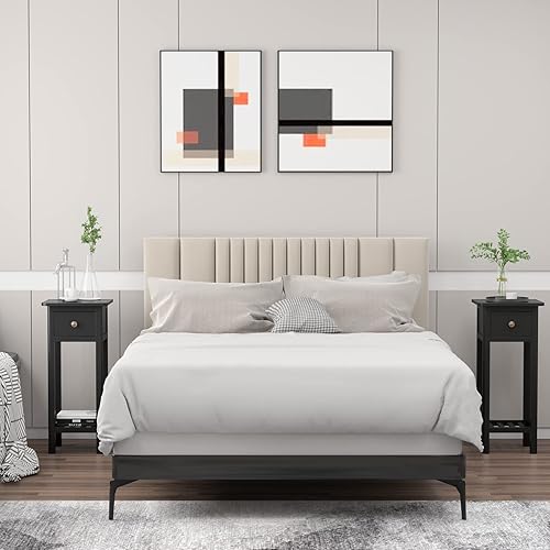 Miniatura 4 de Giantex Juego de 2 mesas auxiliares estrechas, mesa auxiliar de 31 pulgadas de alto con cajón y estante, mesa auxiliar delgada de madera de acacia