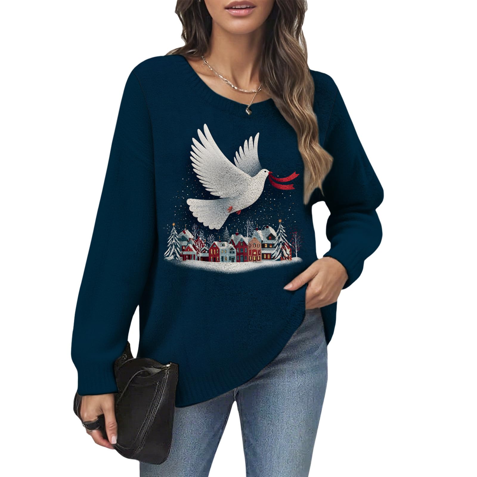Womens Graphic Print Christmas Sweaters Crewneck Long Sleeve Xmas Knit Jumper Pullover Casual Loose Fit Sweater Tops
