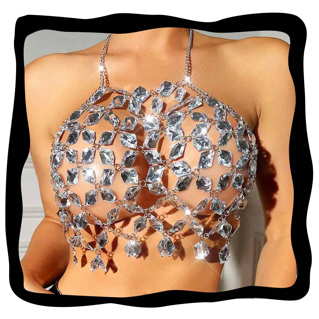 Aukmla Sparkly Crystal Bra Chain Top Halter Rhinestones Chest Body Chains Nightclub Beach Bikini Crop Tops for Women