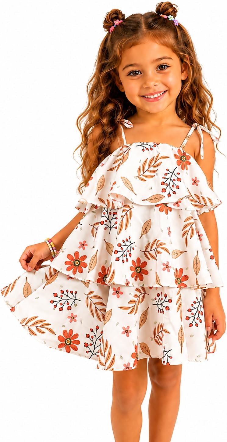 Vestido Infantil Floridocom Babados em Camadas e Alças com Laço