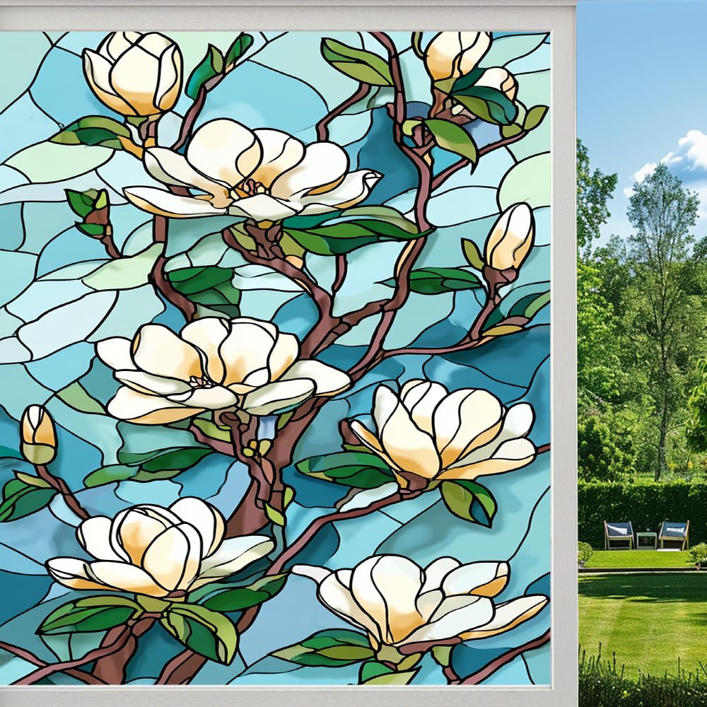 Pmlbaous Abstract Magnolia Frosted Window Film, Natural Flower Plants Stained Glass Privacy Film, Heat Insulation Self-Adhesive Vinyl For Bathroom Office, （55X100cm）
