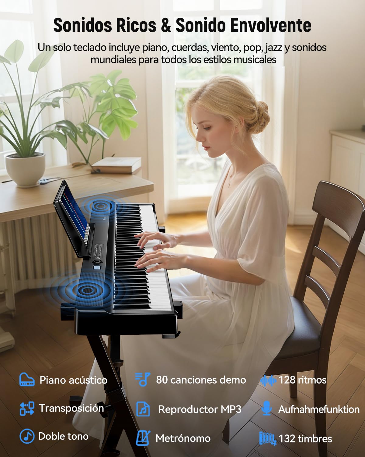 Teclado plegable de 88 teclas, Rhymo tamaño completo, portátil, semipesado, con 2 altavoces estéreo envolvente de 15 W, MIDI USB, Bluetooth, pedal de sostenimiento (Negro)