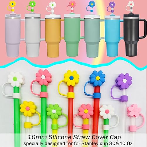 Miniatura 7 de 10 tapas de pajilla, bonita cubierta de paja 3D con diseño de flores para vaso Stanley de 30 y 40 onzas, cubierta de popote de silicona para vasos