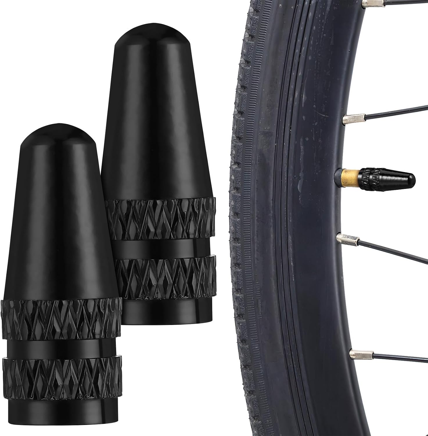 Mikinona 2pcs Bicycle Valve Caps CNC French Valve Stem Caps Black Aluminum Cycling Tire Covers for Road and Mountain Bikes