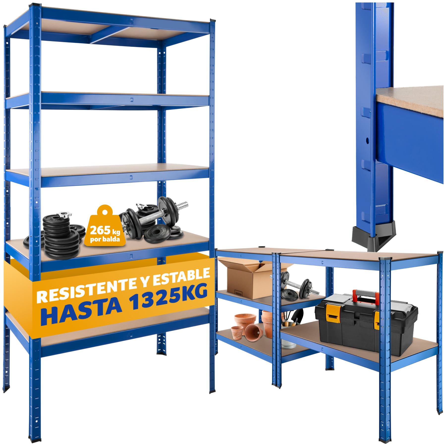 tectake® Estantería Metálica de 5 Baldas, Alturas Ajustables, Convertible a 2 Estanterías Bajas o Mesas de Trabajo, Tapas de Goma, Ideal para Taller, Garaje, Trastero - 180,5 x 90,5 x 45,5 cm -1325 kg