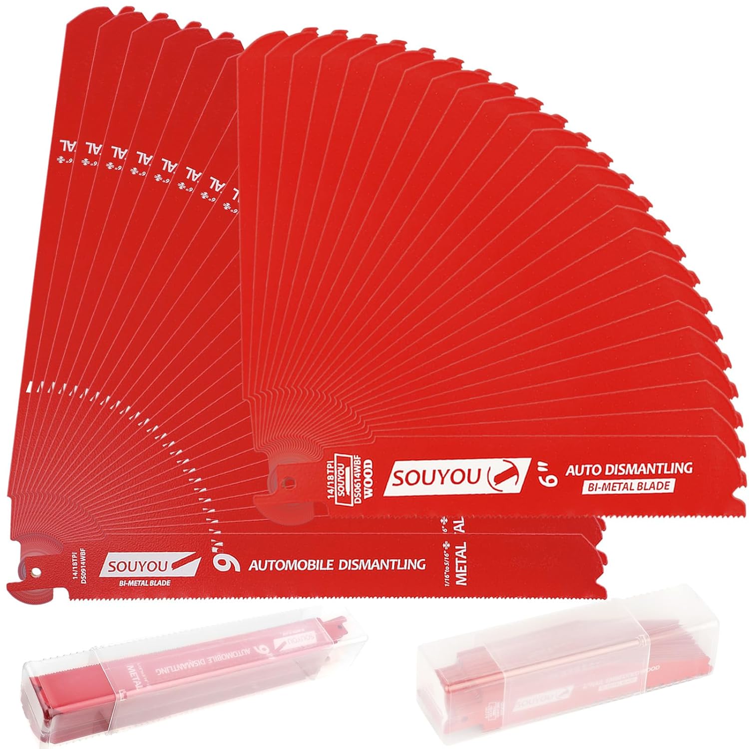 25 Pack 9 Inch 14/18 Tpi and 25 Pack 6 Inch 14/18 Tpi Reciprocating Saw Blades with Organizer Stud and Nail Sawzall Blades Sawzall Blades for Cutting Embedded Wood Metals PVC Pallets etc.