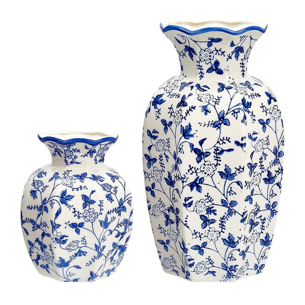 AHANDMAKER 2Pcs Blue and White Vase, Vintage Chinoiserie Floral Ceramic Vases Decorative Antique Flower Vases for Table Centerpieces Living Room Bathroom Bookshelf Office Home Decor