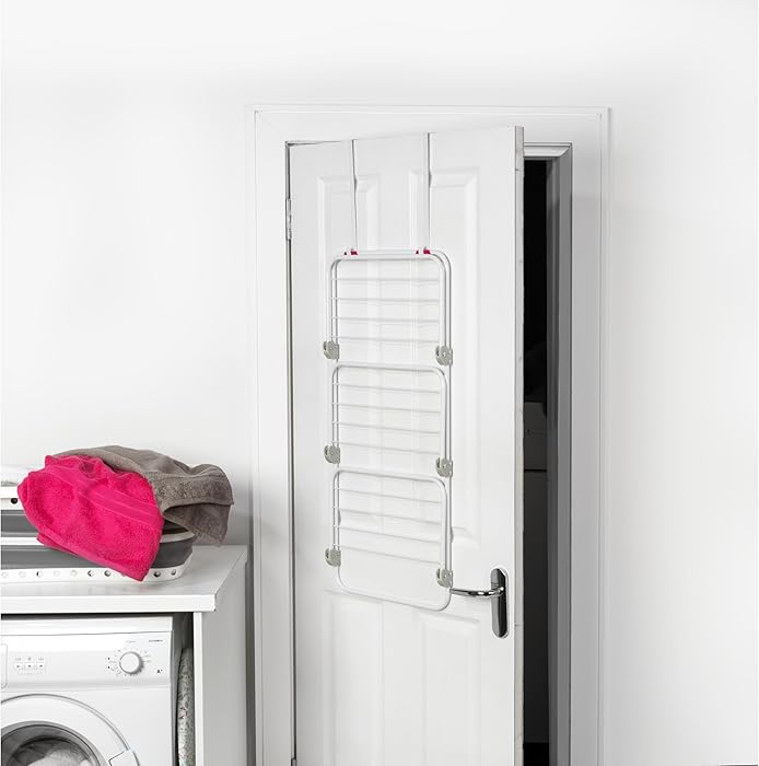 Kleeneze KL081674EU7 Over Door Clothes Airer - Indoor Laundry Drying Rack, 7m Drying Space Over 3 Tiers, Adjustable Shelves, Foldable Space Saving Storage, Foam Lined Hooks For Balconies & Doors : Amazon.co.uk: Home & Kitchen