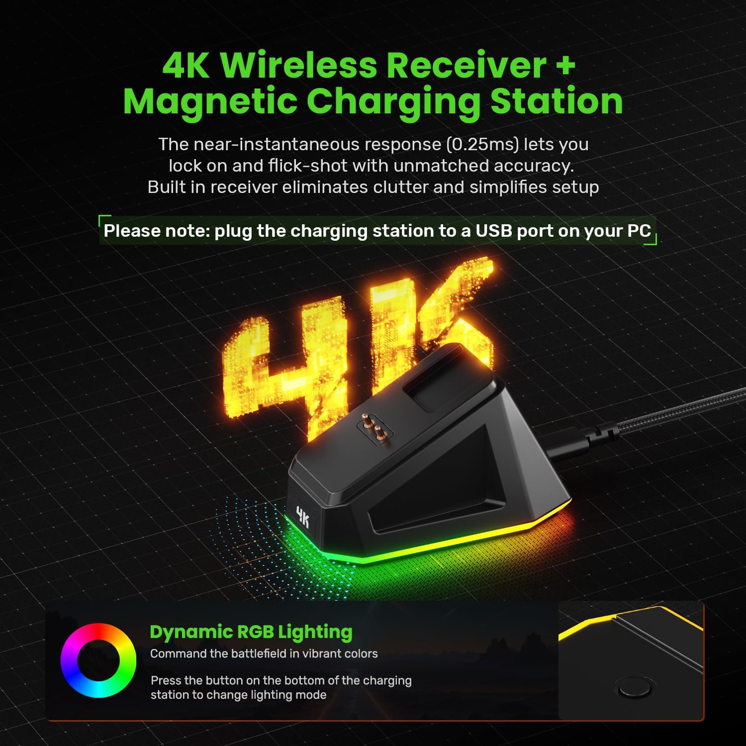 G63 2.4G/BT/Wired Tri-Mode 4K Wireless Gaming Mouse, PAW3395 Sensor, 58g Lightweight, 4000 Polling Rate, 26K DPI, 5 Programmable Buttons, RGB Magnetic Charging Dock with Wireless Receiver