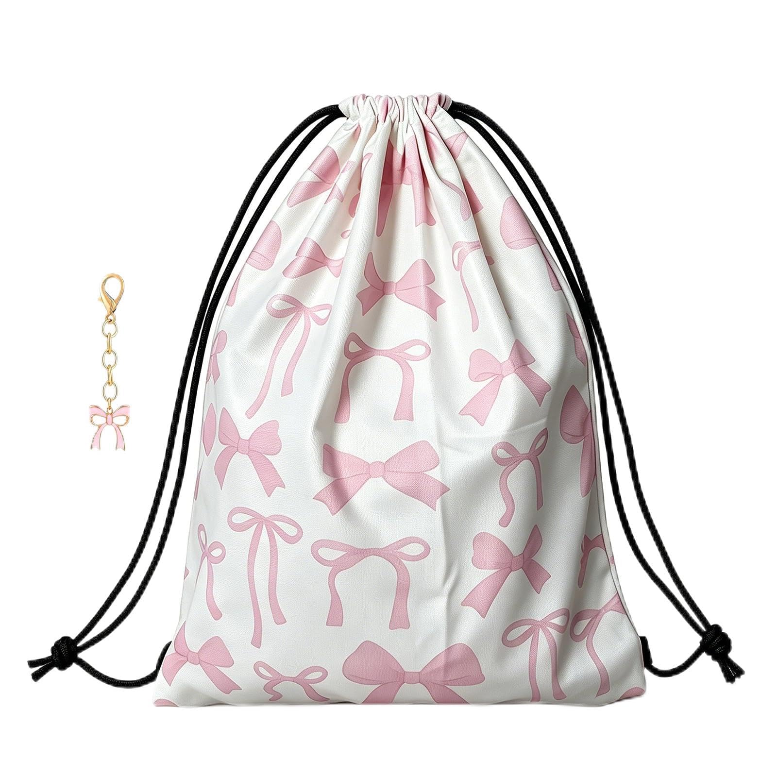 CYGMRFH Bow Pattern Drawstring Backpack with Keychain – Off White Backpack with Pink Bow All Over Print, Adjustable Shoulder Straps, Lightweight for Gym Travel Shopping