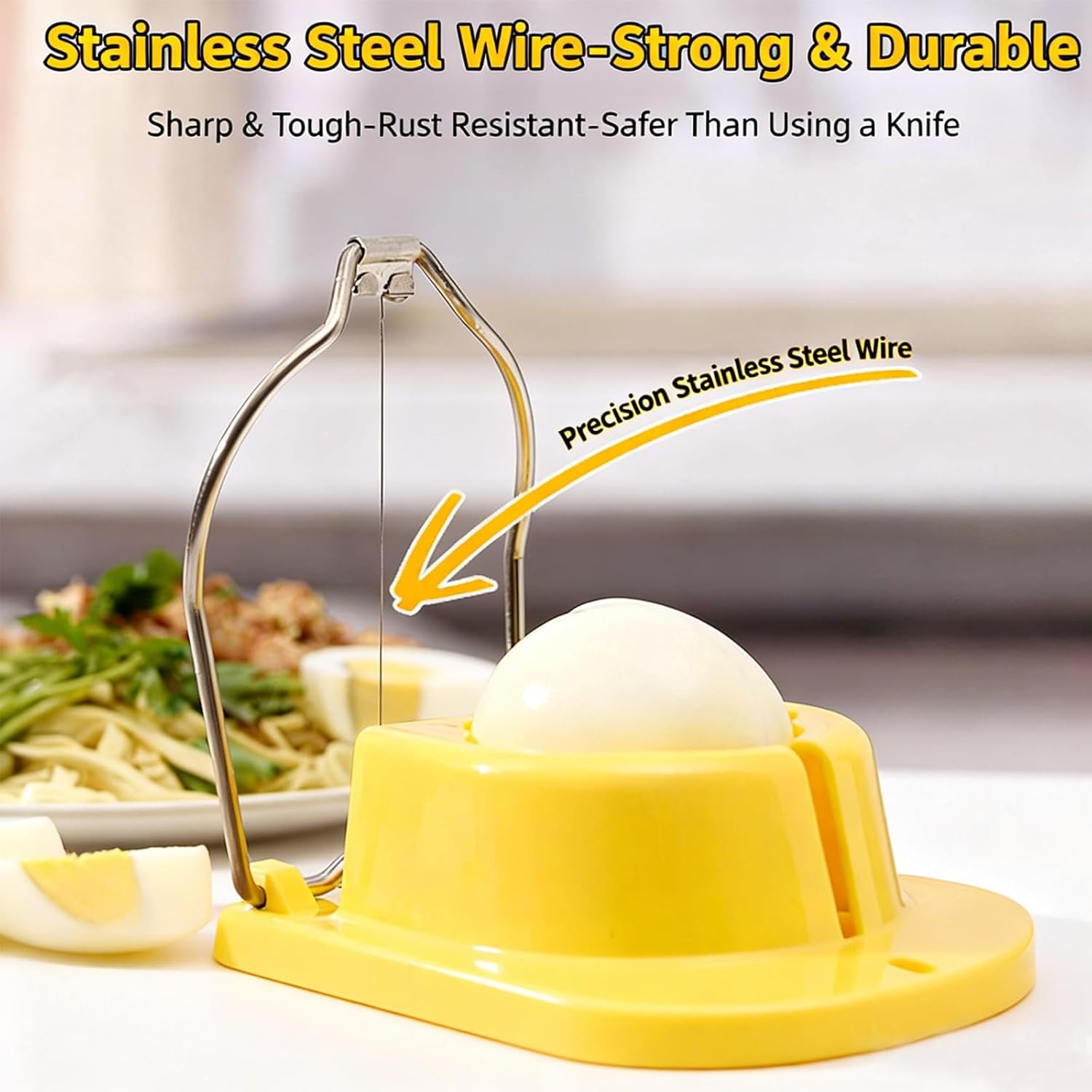 Egg Slicer, Semi-Round Curved Yellow Egg Cutter for Hard Boiled Eggs – Stainless Steel Wire Cutter with Ergonomic Handle for Salad, Cobb Salad, Avocado Toast & Food Garnish, Easy to Clean (3)