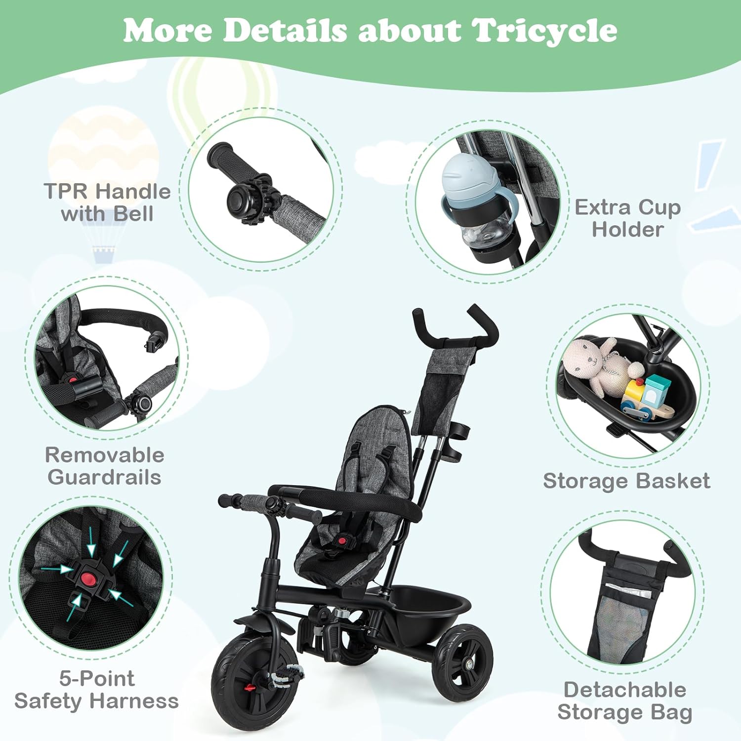 HONEY JOY Tricycle, Kids Trike Stroller w/Adjustable Push Handle & Canopy, Reversible Seat, Safety Belt, Folding Pedal, Cup Holder, Storage, Push Tricycle for Toddlers 9 Months-5 Years (Gray)