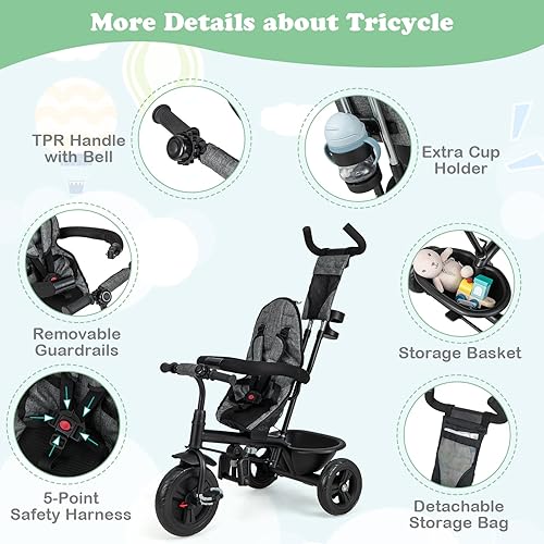 Miniatura 7 de HONEY JOY Triciclo, cochecito triciclo para niños con asa de empuje ajustable y toldo, asiento reversible, cinturón de seguridad, pedal plegable,