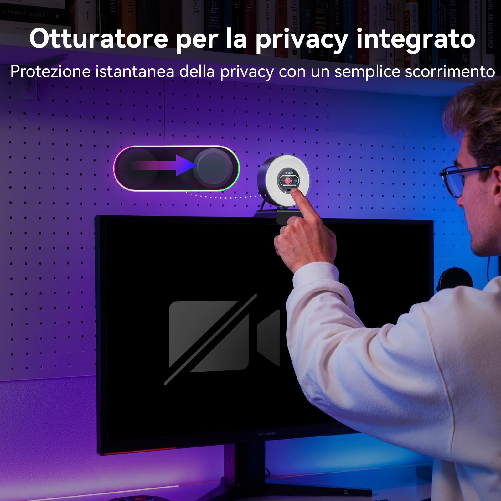 EMEET Webcam S600L 4K per Streaming con Luce ad Anello, 4 Modalità di Illuminazione, Effetto Arcobaleno, Sensore da 1/2", Imaging AI, PDAF 0,2S, 2 Microfoni, Webcam 4K con Luce per OBS/Twitch/PC/Mac