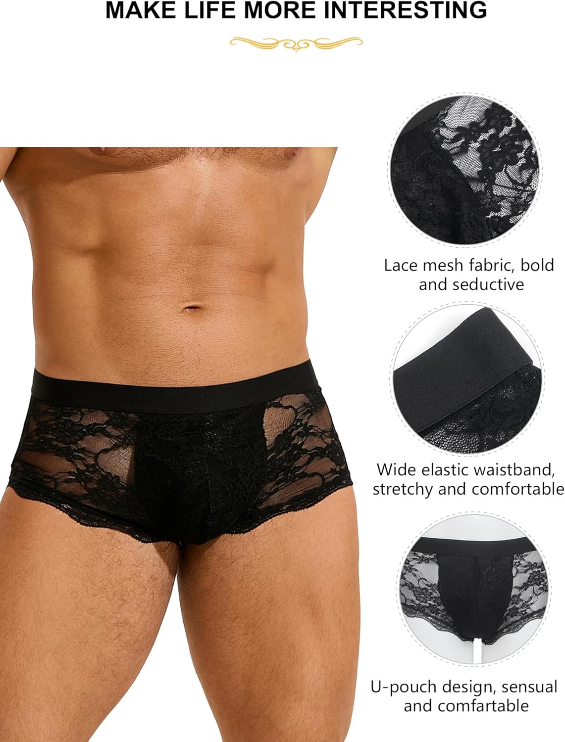 ohyeah Mens Sexy Lace Underwear Low Waist Boxer Briefs with Pouch Breathable Briefs Mesh Trunks Lingerie Underpants Fit S-XXL - Image 8