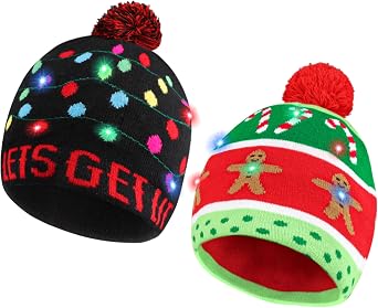 Blowata Christmas Hat Light Up Christmas Knitted Beanie Hat, Cute Cartoon Design Xmas Knit Cap with 6 Colorful LED Lights