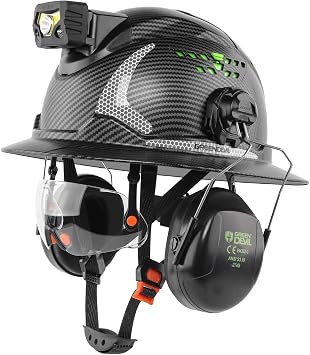 GREEN DEVIL Full Brim Hard Hat with Headlight,Ear Muffs,Visor 4 in 1 Helmet
