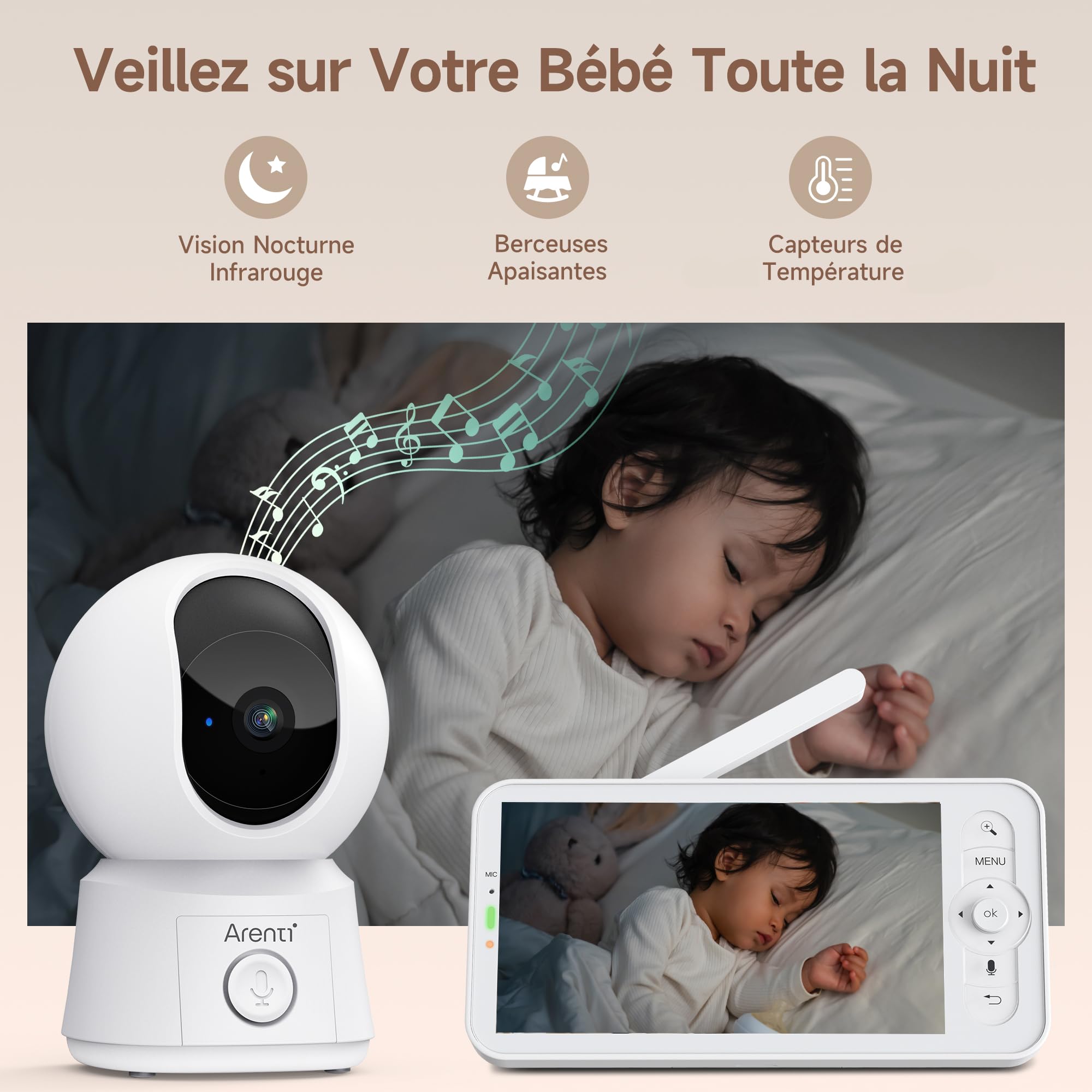ARENTI Babyphone Camera Bébé, Baby Phone Vidéo Connecté Smartphone, Baby Moniteur Vidéo avec VOX, Détection de Température, Alertes Intelligentes/Vision Nocturne/Suivi Automatique