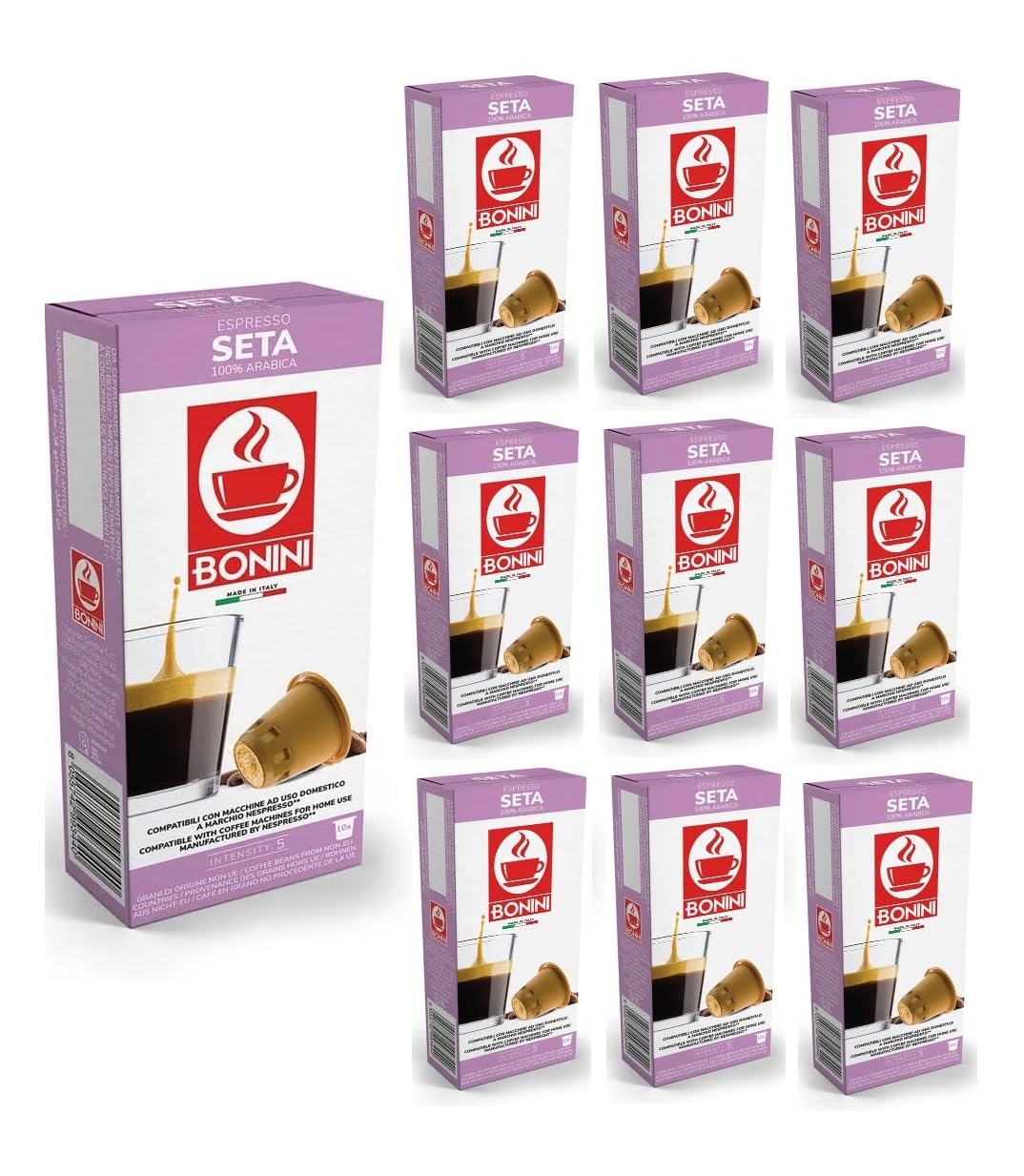 Bonini SETA Coffee Pods 100% Italian Coffee Capsules (Pack of 10, Total 100 Pods)