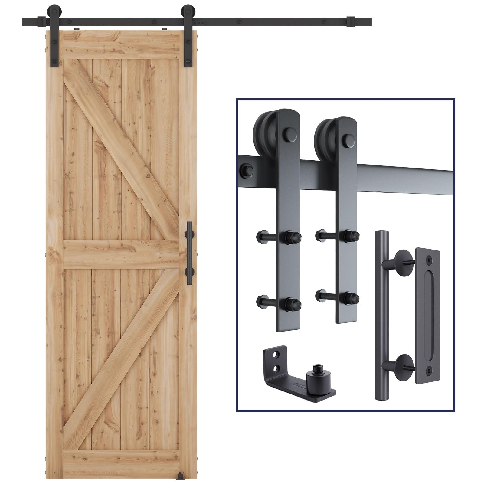 SMARTSTANDARD 5.5 FT Heavy Duty Sturdy Sliding Barn Door Hardware Kit, Black, (Whole Set Includes 1x Pull Handle Set & 1x Floor Guide) Fit 30"-33" Wide Door Panel (I Shape Hanger)