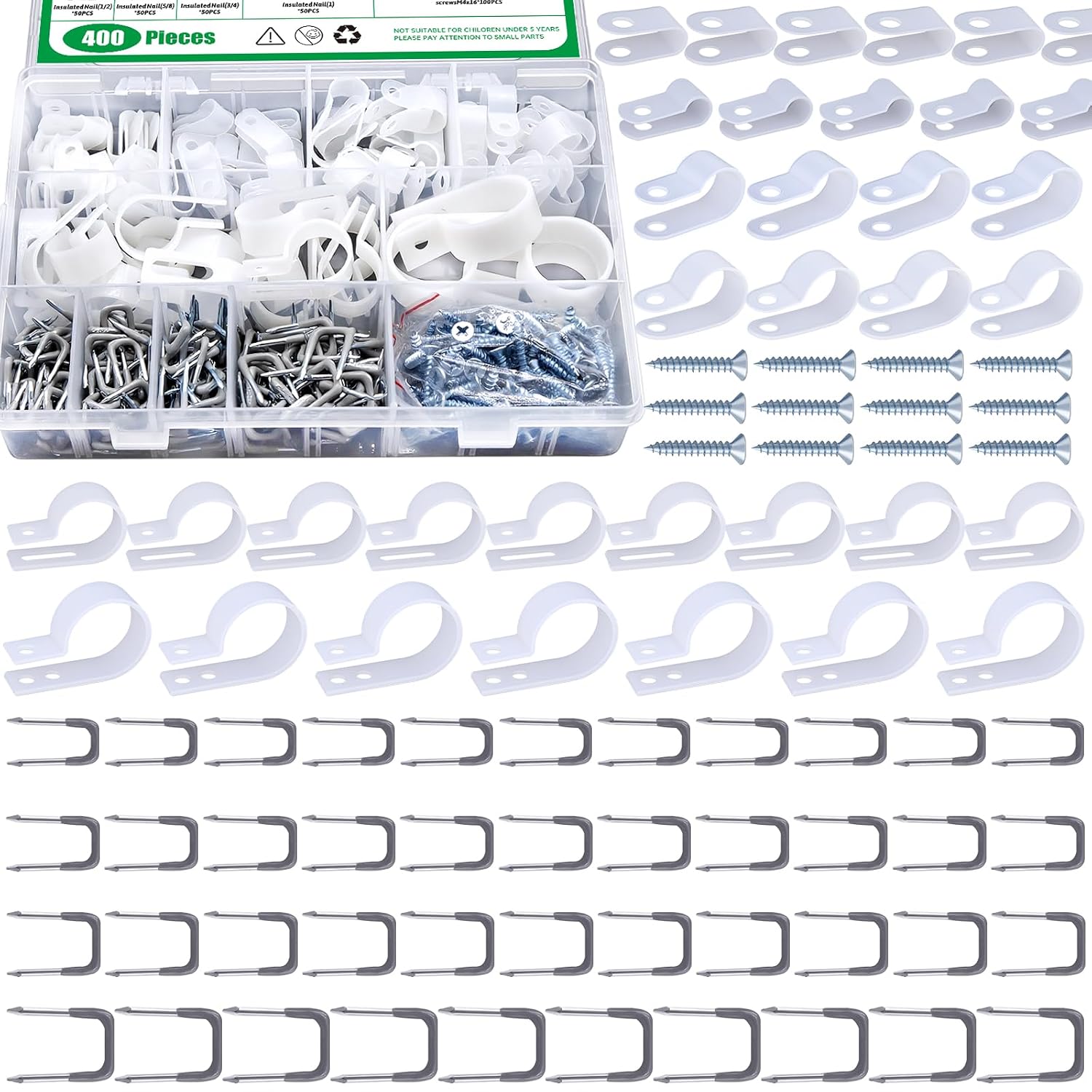 390Pcs Cable Wire Clips Assortment Set, 3/16'' 1/4'' 3/8'' 1/2'' 3/4'' 1'' Nylon R-Type Cable Clamp Fastener and 0.56" 0.44” 0.41" 0.36" Insulated Cord Management Nails for Home Office (White)