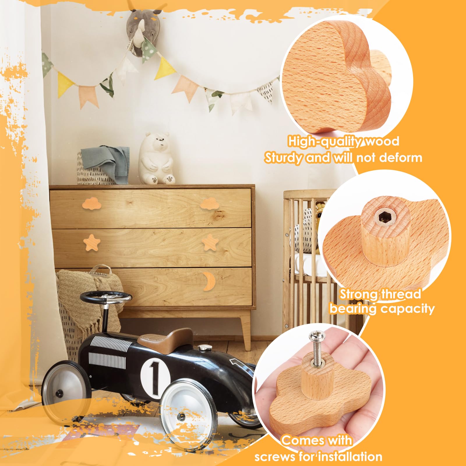 RUNEAY Children's Wooden Furniture Knobs, Pack of 6, Cabinet Knobs, Children's Wood with 30 mm Screws - Image 4
