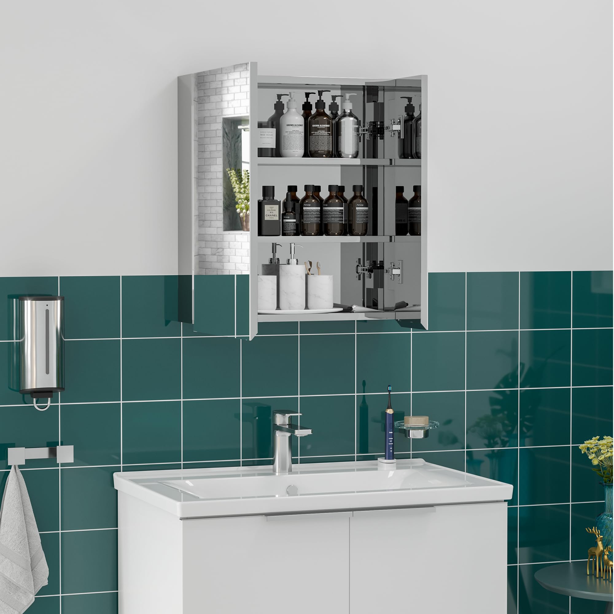 kleankin Badkamerspiegelkast, Badkamer Kastje van roestvrij staal, wandkast, 2 deuren en 3 binnenvakken, 54 x 13 x 60 cm, zilverkleurig