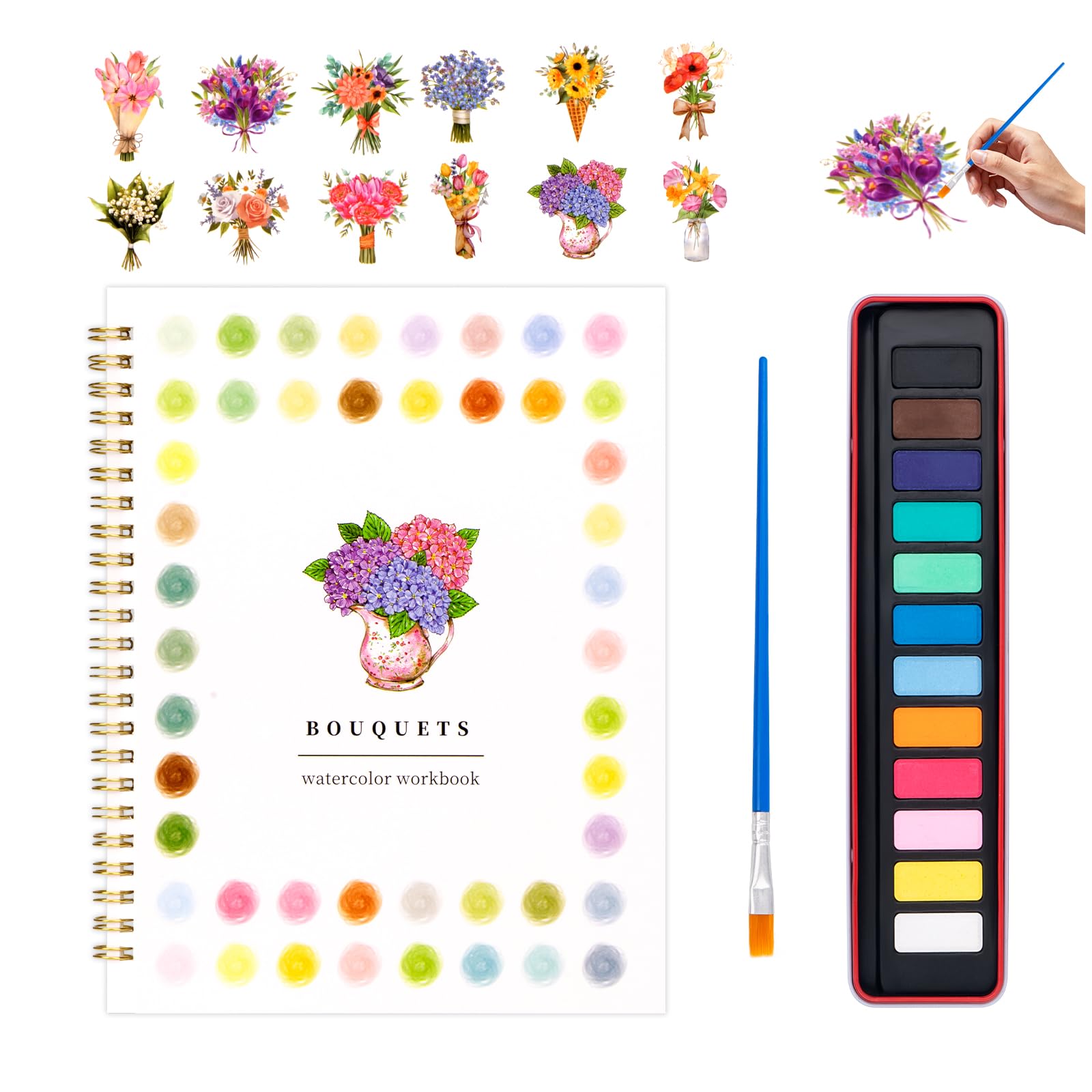 Watercolor Workbook for Adults, Beginner Friendly Watercolor Painting Kit Bouquet Water Coloring Book, Nature-Themed Practice Art Gift Water Color Paint Book with Palette and Brush
