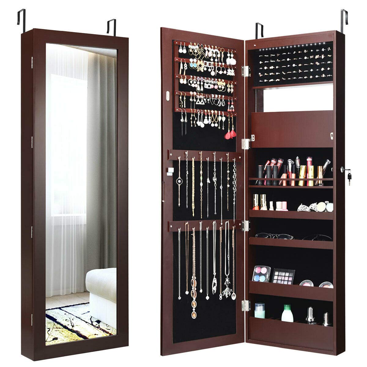 DORTALA Wall Mounted Jewelry Cabinet, Lockable Door Hanging Jewelry Armoire w/ 12LEDs, Space Saving Makeup Jewelry Organizer, Jewelry Display Cabinet w/Full Length Dressing Mirror, Brown