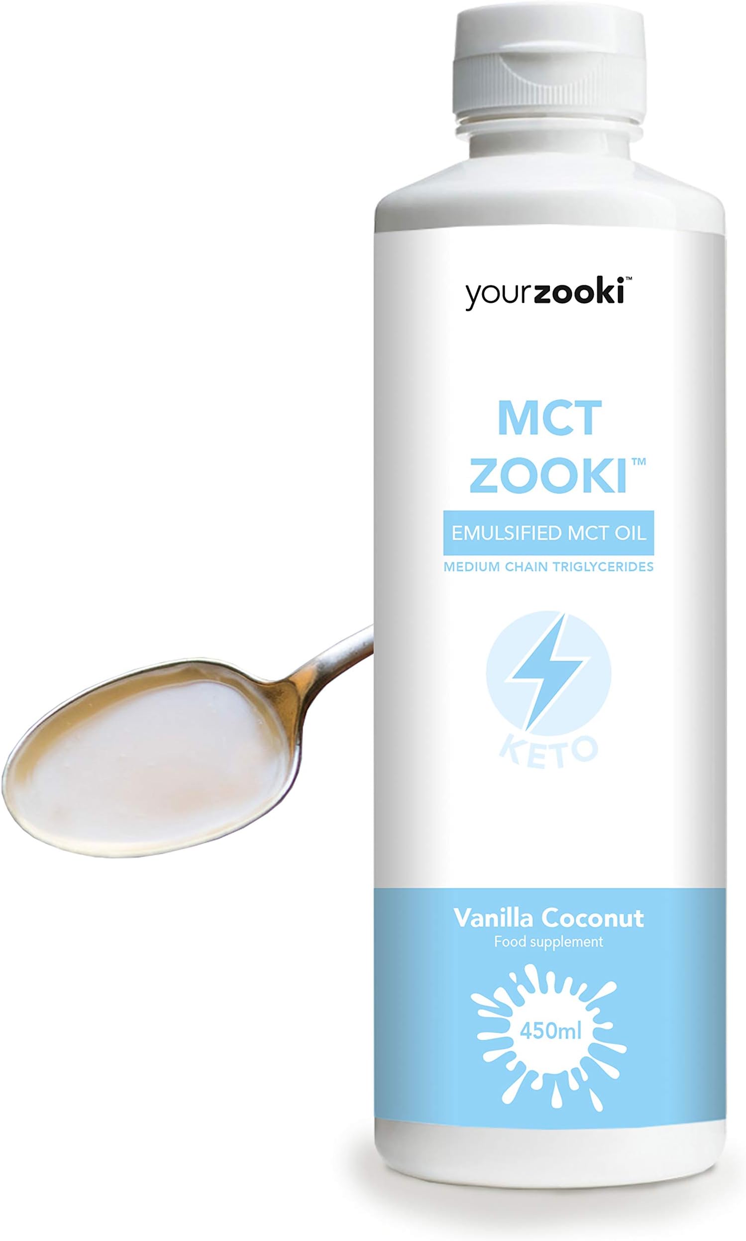 Emulsified MCT Oil, Vanilla Coconut | 100% Coconut C8+C10 Medium Chain Triglycerides | Pure Natural Energy from Healthy Fats | Sugar Free, Sustainably Sourced | 450ml Bottle | MCT Zooki by YourZooki