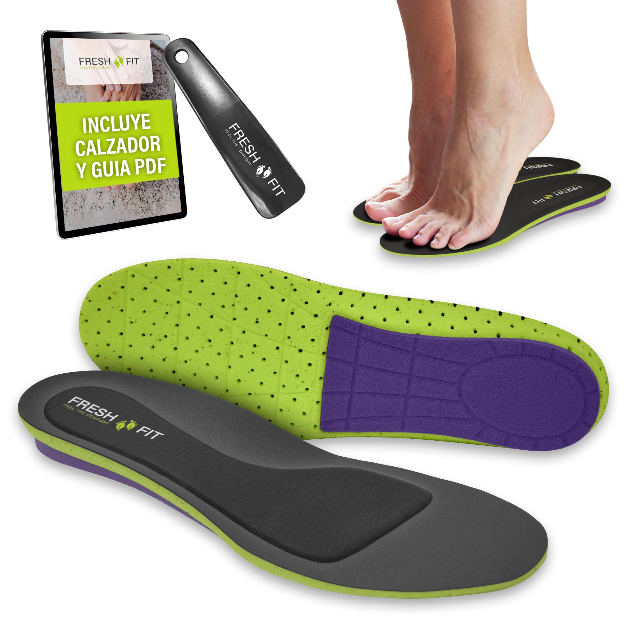 Plantillas Fascitis Plantar Hombre y Mujer con 3 Densidades Combinadas | Acolchadas y Flexibles (Sin Plástico Rígido) | Soporte Memory Foam | Hecho en España | Pack con Calzador y Guía (39-41)
