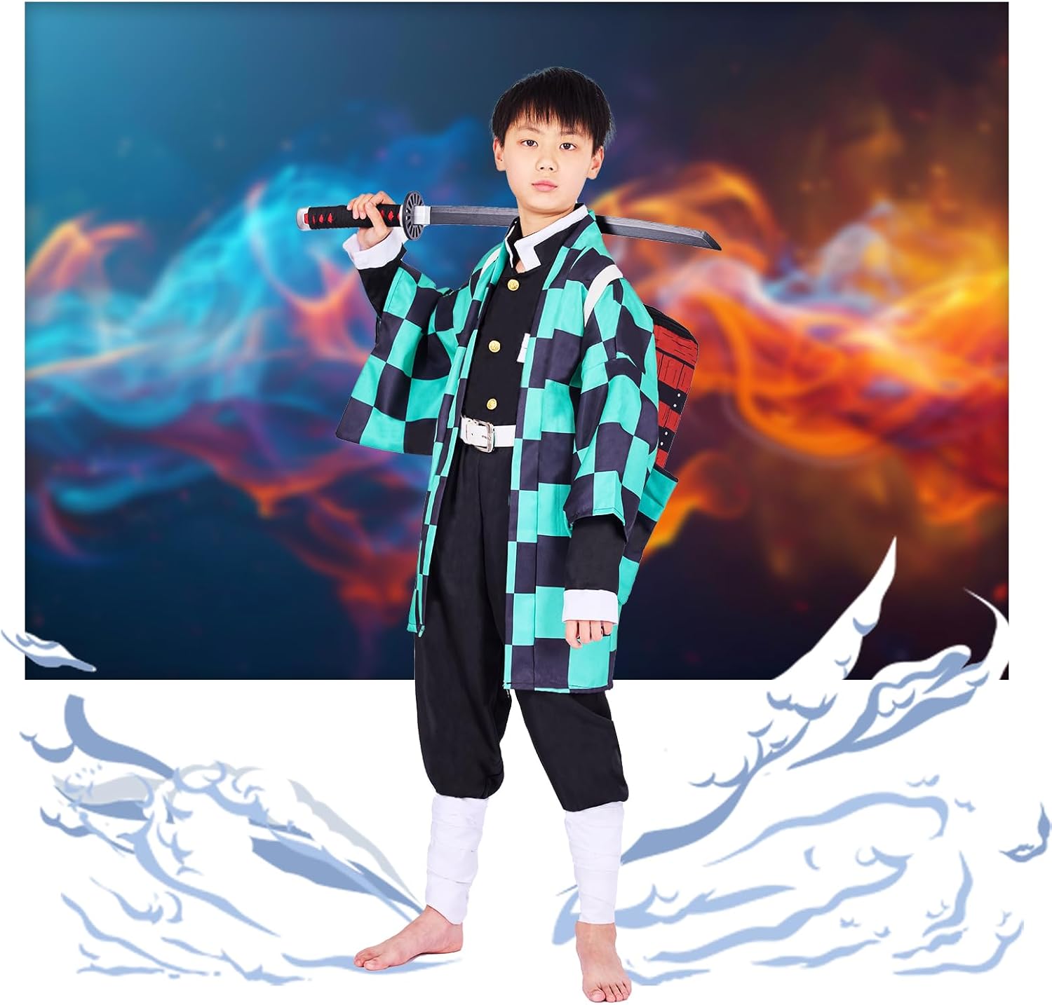 Full Set Kids Anime Cosplay Costume Halloween Kimono Uniform Outfit With Backpack Bag Earrings Wig