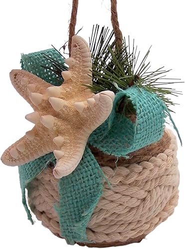 Miniatura 5 de Needzo Decoración navideña náutica colgante, estrella de mar con cesta de cuerda de yute, decoración navideña temática de playa para interiores y