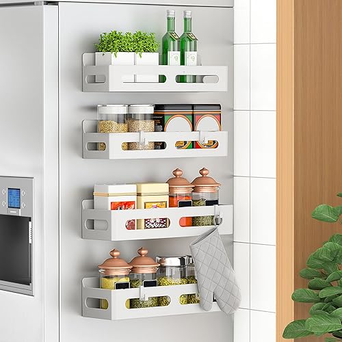 Sevenblue Paquete de 4 estantes magnéticos para especias para refrigerador, estante magnético movible con 4 ganchos y 2 tazas colgantes para