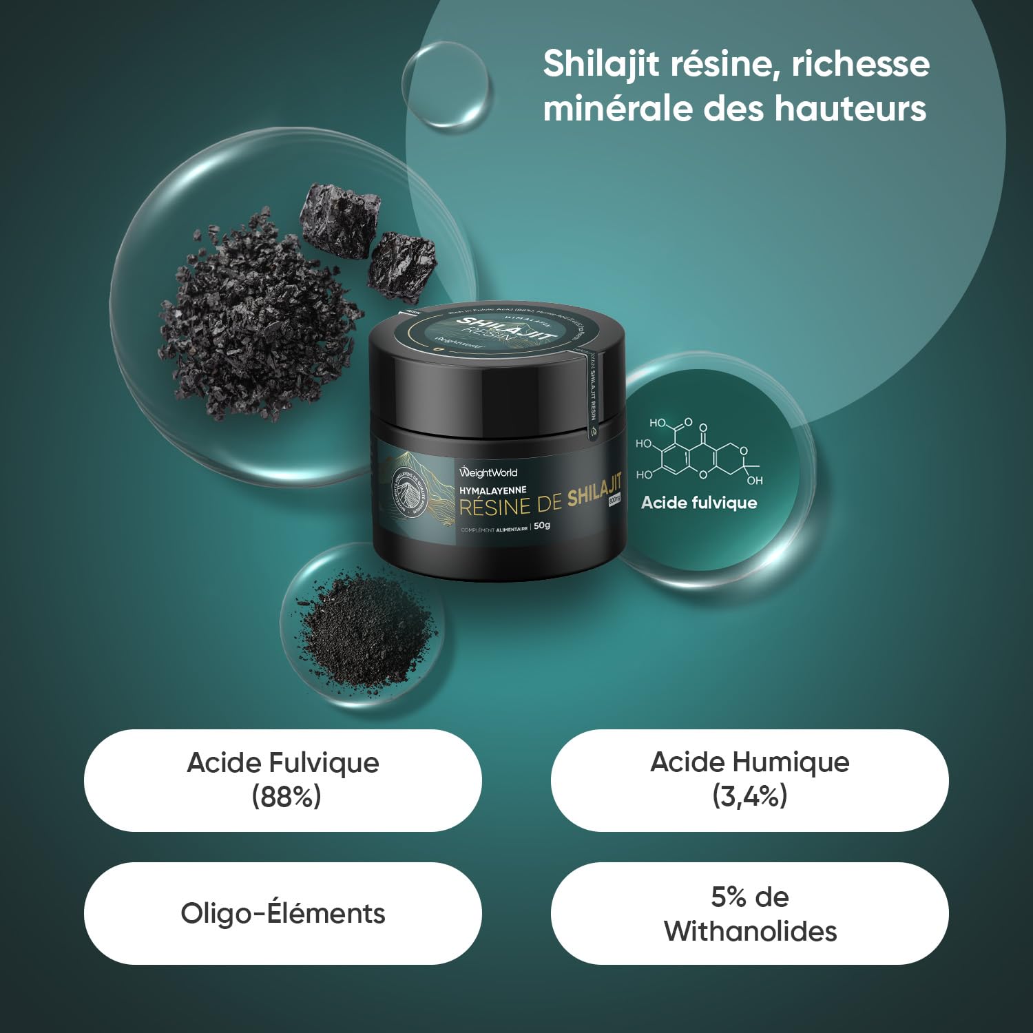 Résine de Shilajit 50g – Shilajit Himalaya Enrichie en Ashwagandha, Curcuma, Musli Noir, Source de +85 Oligo-Éléments – Complexe Ayurvédique – 62 Portions – Acide Fulvique (88%), Acide Humique (3,4%)