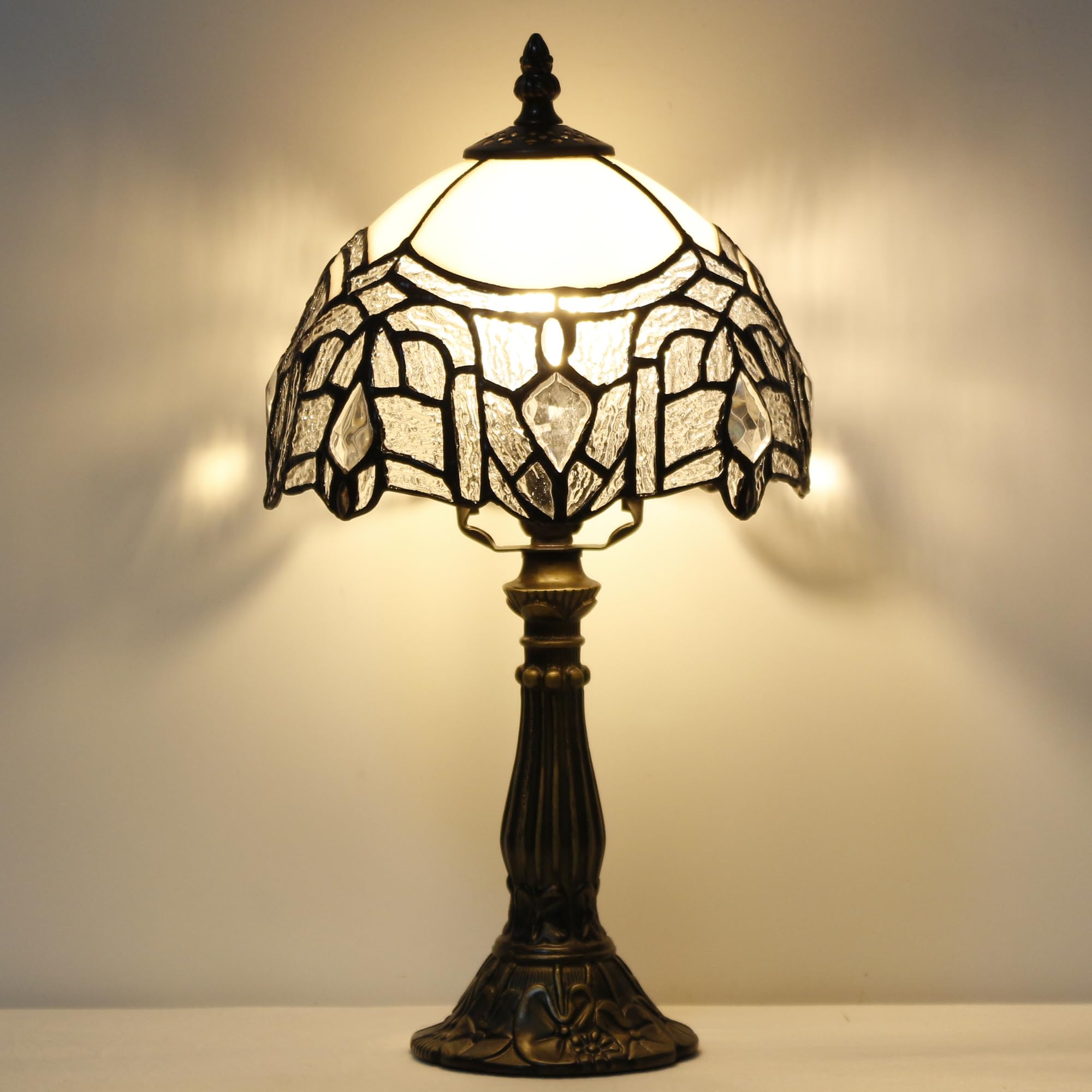 SYETL Small Tiffany Lamp Stained Glass Desk Lamp Vintage Tiffany Bedside Table Lamp for Home Living Room Bedroom Nightstand 8X15 Inch (White Bending Style)
