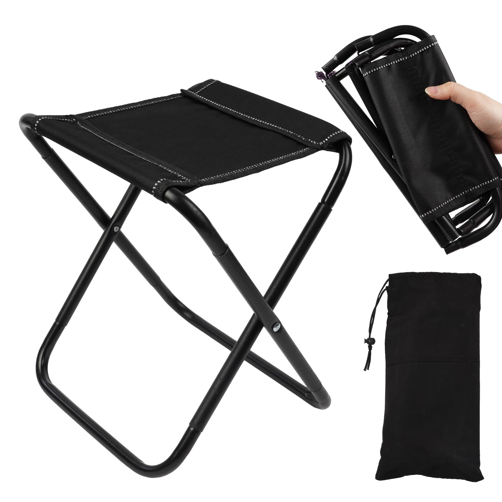 OFFCUP Folding Stool, Mini Outdoor Camping Stool, Portable Small Foldable Lightweight Garden Seat with Storage Bag, Folding Slacker Chairs for Fishing Travelling Picnics (Black)