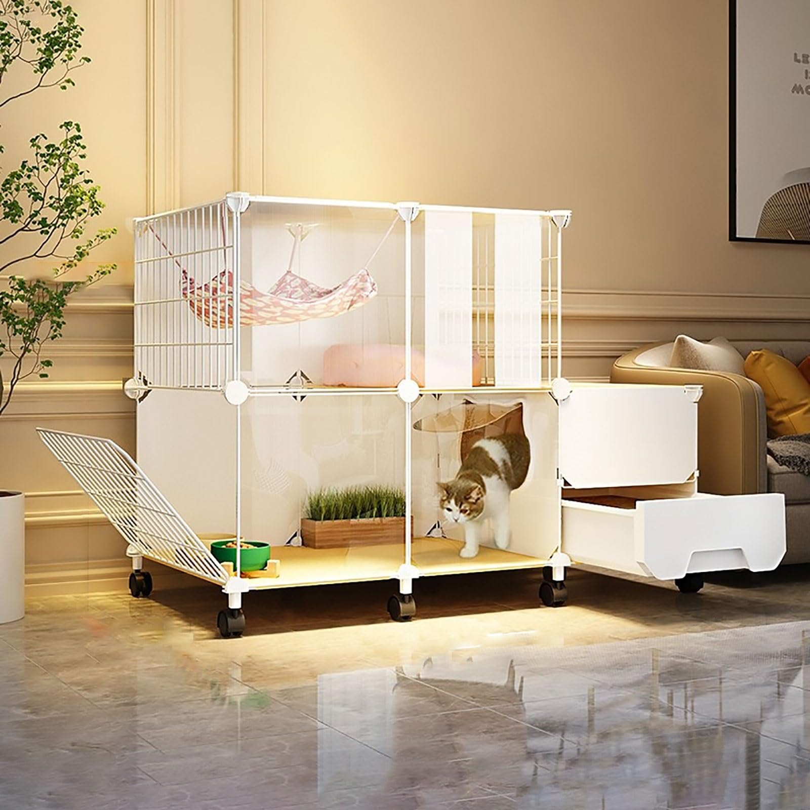 asdchZen Indoor Cat Cage Playpen,Semi-Enclosed Detachable Cat Crate Cat Enclosure Small Animal Cage With Ladder/Litter Box/Cat Nest/Cat Bowl,Large Exercise Place,With Wheels-112x47x77cm