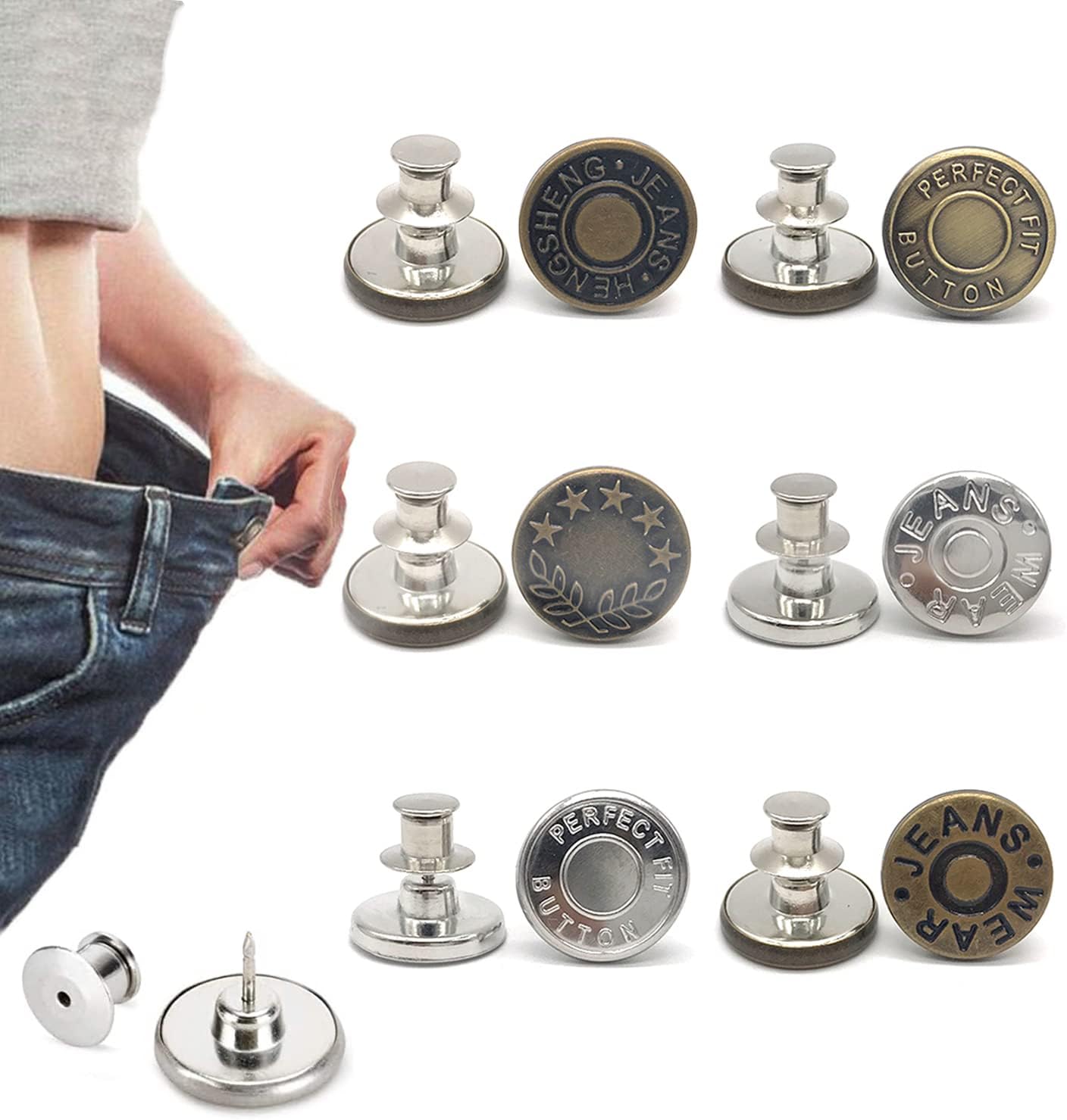 6 Pcs Perfect Buttons Replacement No Sew Needed, 1 Set Perfect Fit Instant Button, Adds Or Reduces an Inch to Any Pants Waist in Seconds (Style 1)