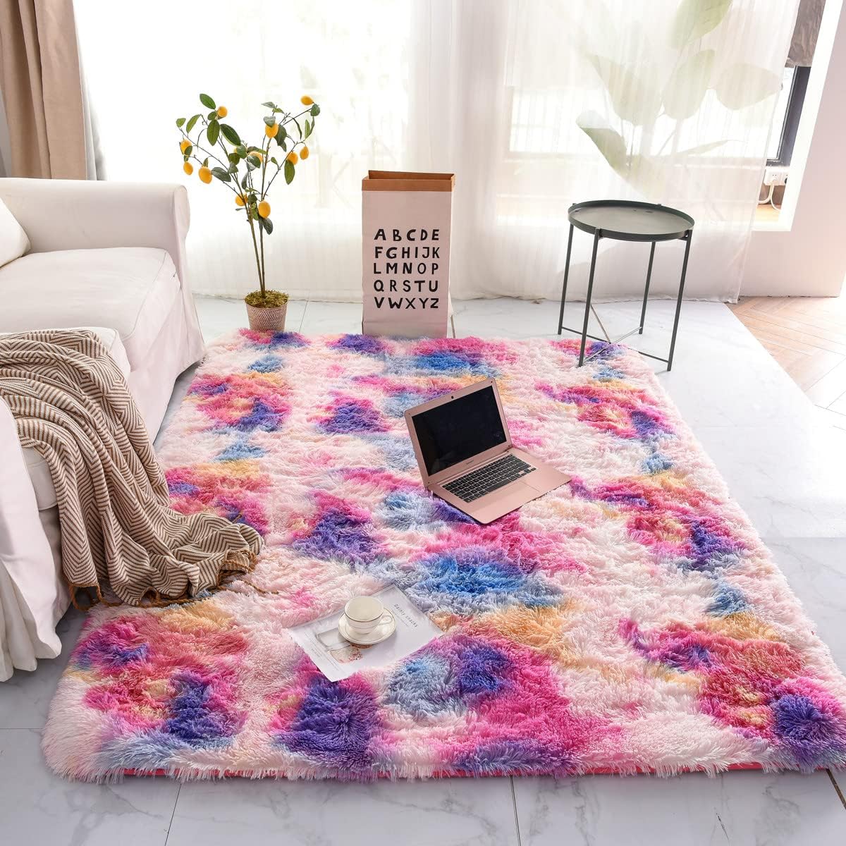 NTBED Soft Shaggy Area Rugs for Boys Girls Bedroom Nursery Dorm Living Room,Tie Dye Fluffy Bedside Rugs Colorful Abstract Indoor Plush Shag Floor Carpets(6x9 Feet, Pink-Purple)