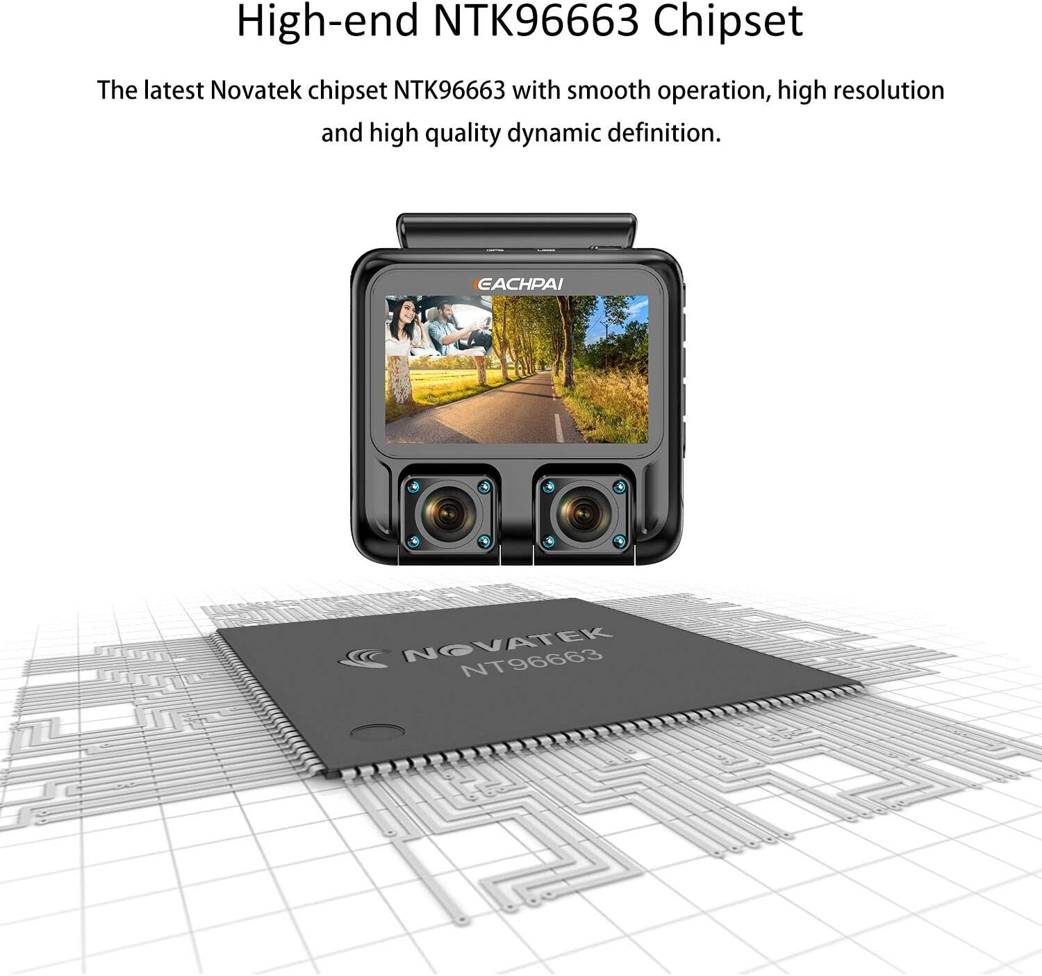 Diagram showing the EACHPAI X100 dash cam with a Novatek NTK96663 chipset