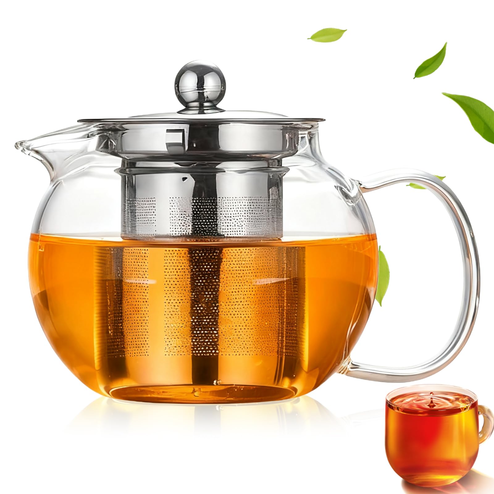 Tetera de cristal de 1300 ml, resistente al calor, cristal de borosilicato con filtro extraíble y tapa, placa de cocina, tetera, tetera, jarra de cristal para té, té de hierbas y bolsitas de té