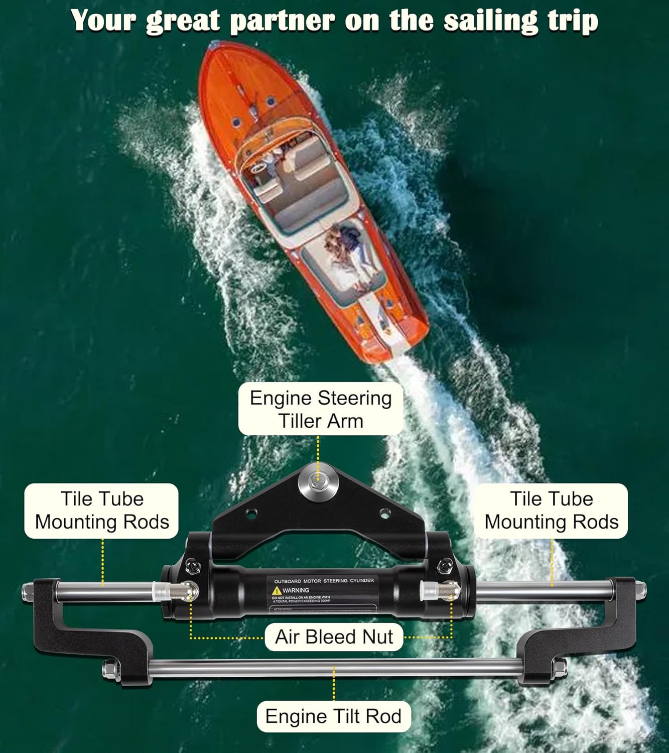 HC5345-3 Front Mount Outboard Hydraulic Steering Cylinder Kit with Two-Way Lock Valve and ORB Fittings Fits for any 300HP Outboard-Powered Boats, Max Working Pressure 10.3Mpa/1500PSI