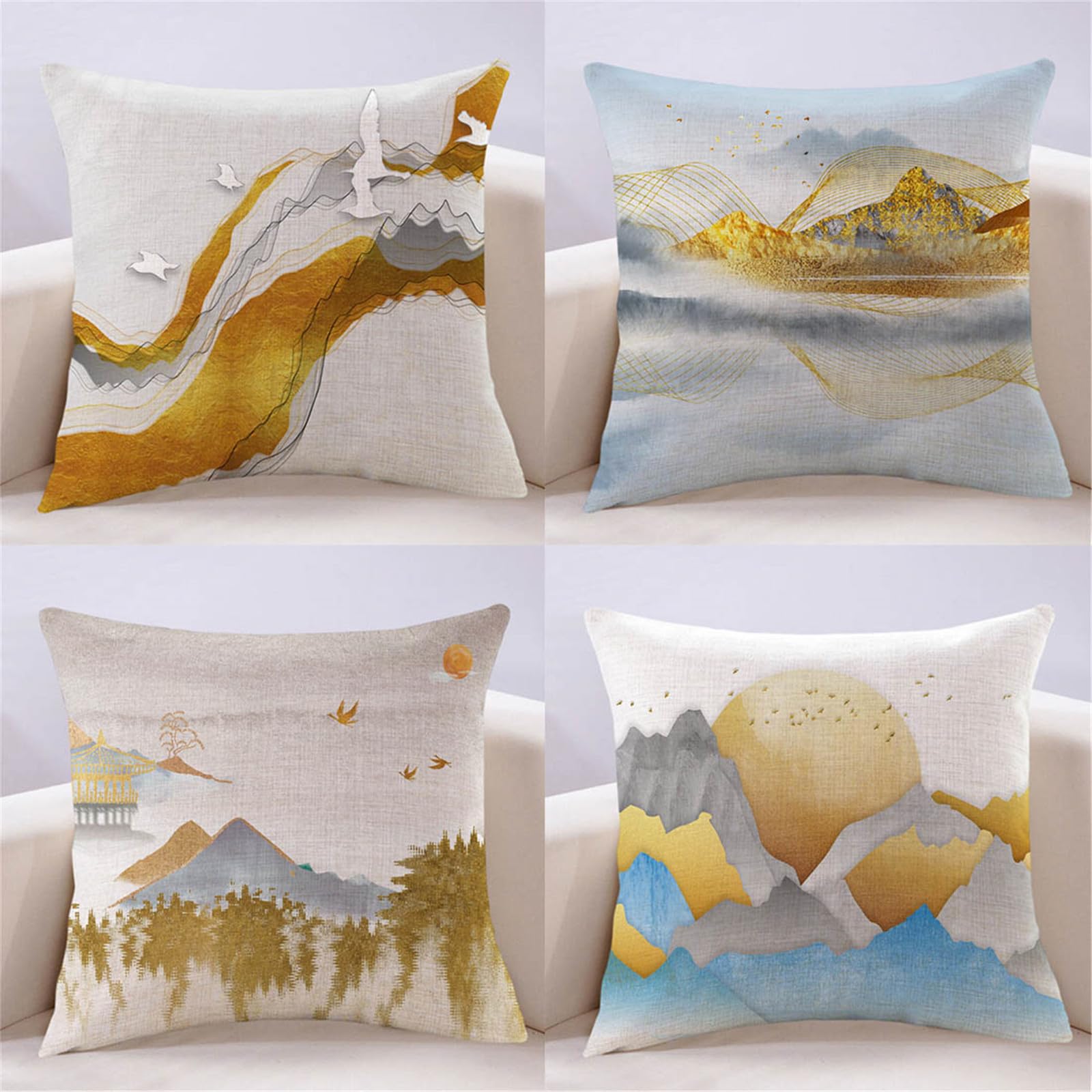 Housse coussin 70x70cm lot de 4 en lin avec motif paysage taie d'oreiller canapé