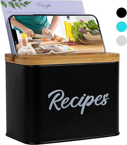 Caja de recetas Negro Juego de tarjetas de recetas y caja de 4 x 6 pulgadas Caja de tarjetas de recetas duradera con metal más grueso Incluye 25